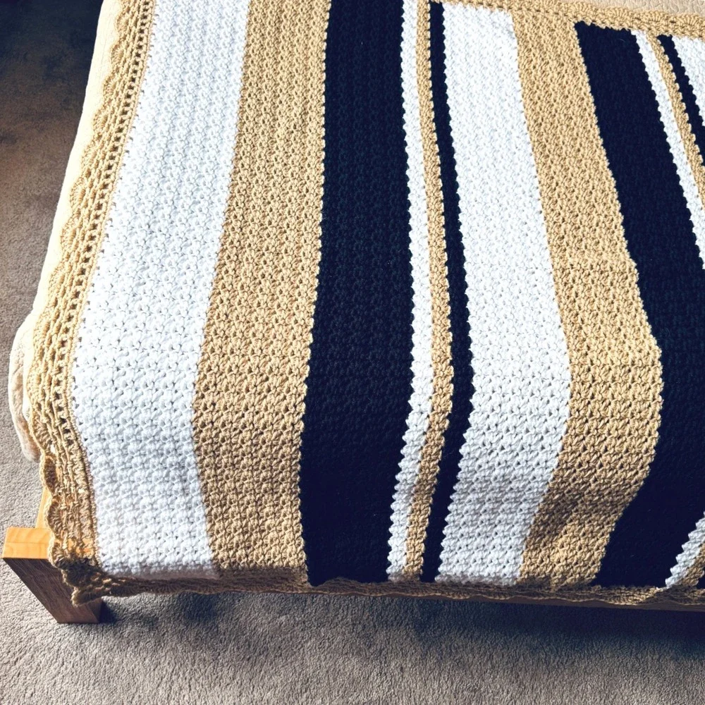 Crochet Afghan Blanket Handmade New Stripe Tan Black White Throw 52x44 Cozy Gift